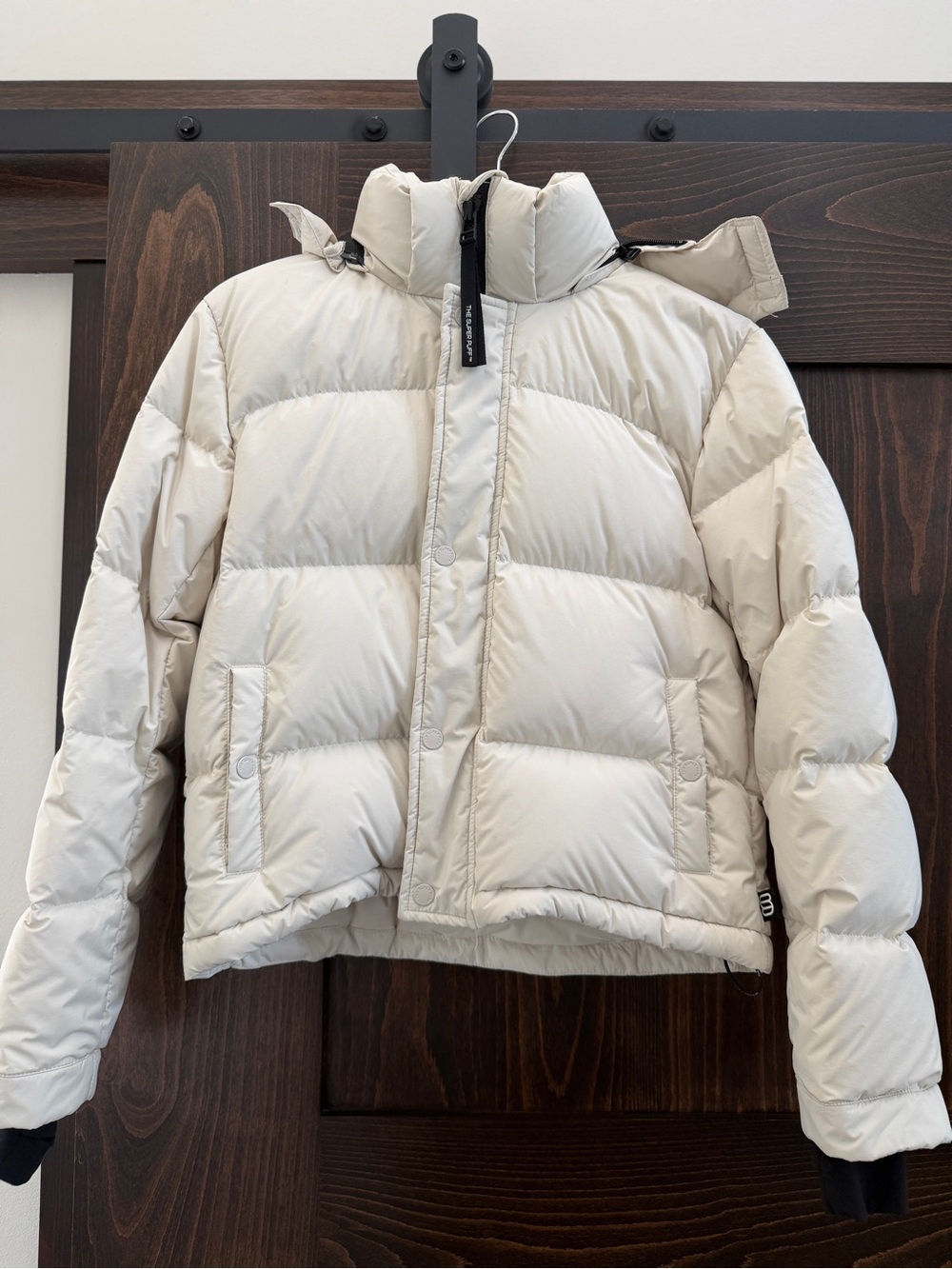 Aritzia Cropped Cream Puffer Jacket with High Collar